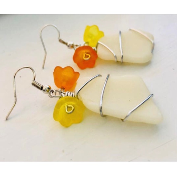 “Creamsicle Spring” one of a kind seaglass earrings - sea glass - beach glass - Picture 2 of 5